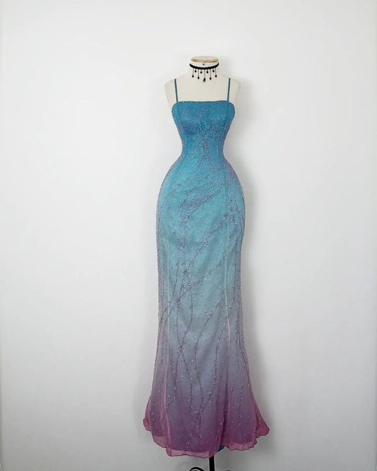 Vintage Meerjungfrau 90er Spaghettiträger Ombre Farbverlauf Mit Perlen Formales Kleid Langes Ballkleid N2775