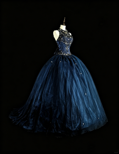 Robes de bal de promo modestes robe de soirée bleu marine tulle sans manches robe de 16 ans tenue de soirée formelle N3515