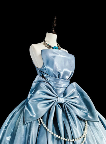 Robe de Bal Princesse Bustier Satin Bleu Ciel Clair avec Nœud Robes Douces 16 Ans Robe de Quinceanera N3417