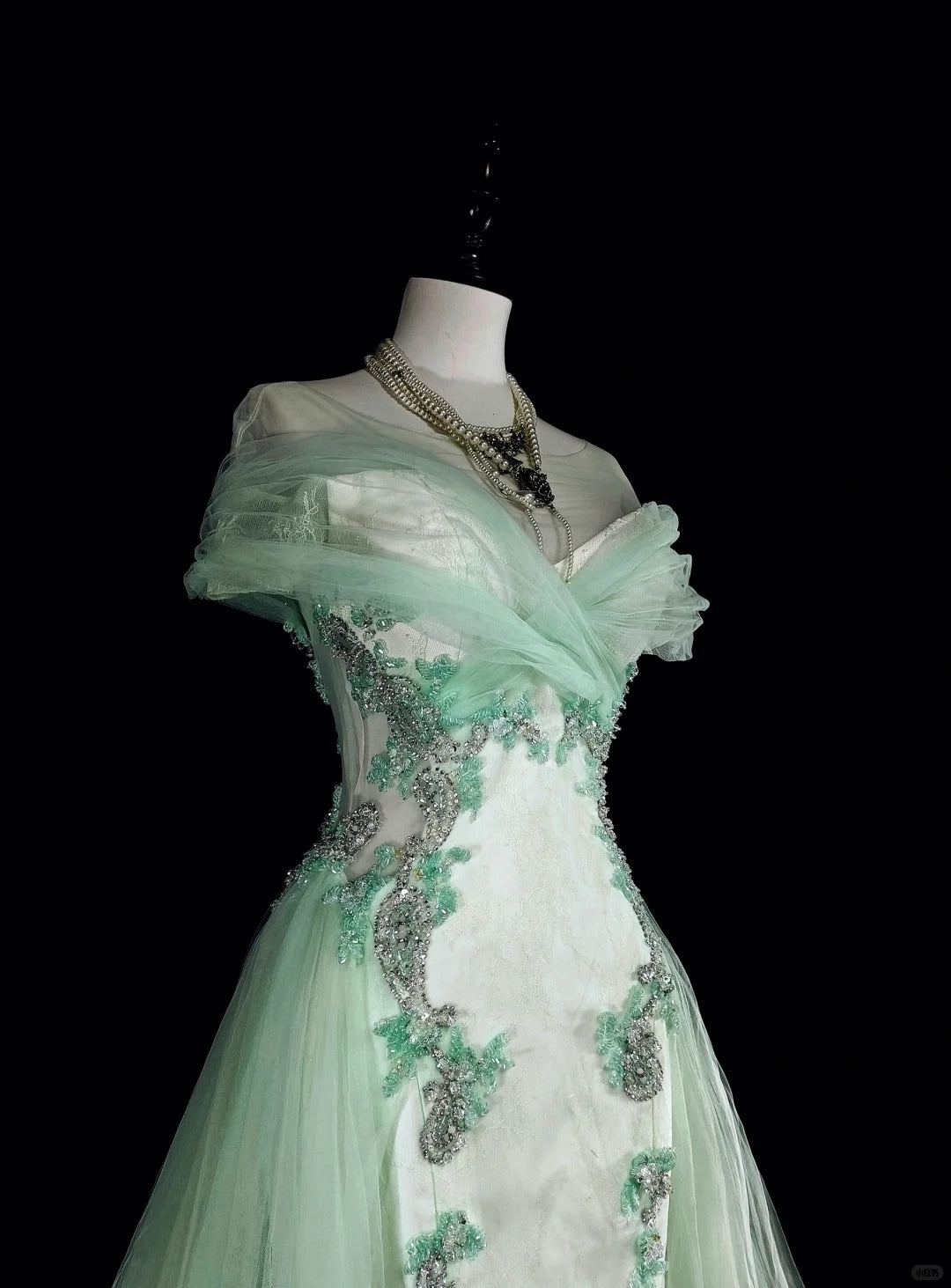 Robes de bal de rêve Vintage Années 80 Rétro Épaules dénudées Tulle Vert Menthe Dentelle Longues Tenues Formelles N2365