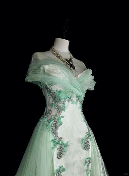 Robes de bal de rêve Vintage Années 80 Rétro Épaules dénudées Tulle Vert Menthe Dentelle Longues Tenues Formelles N2365