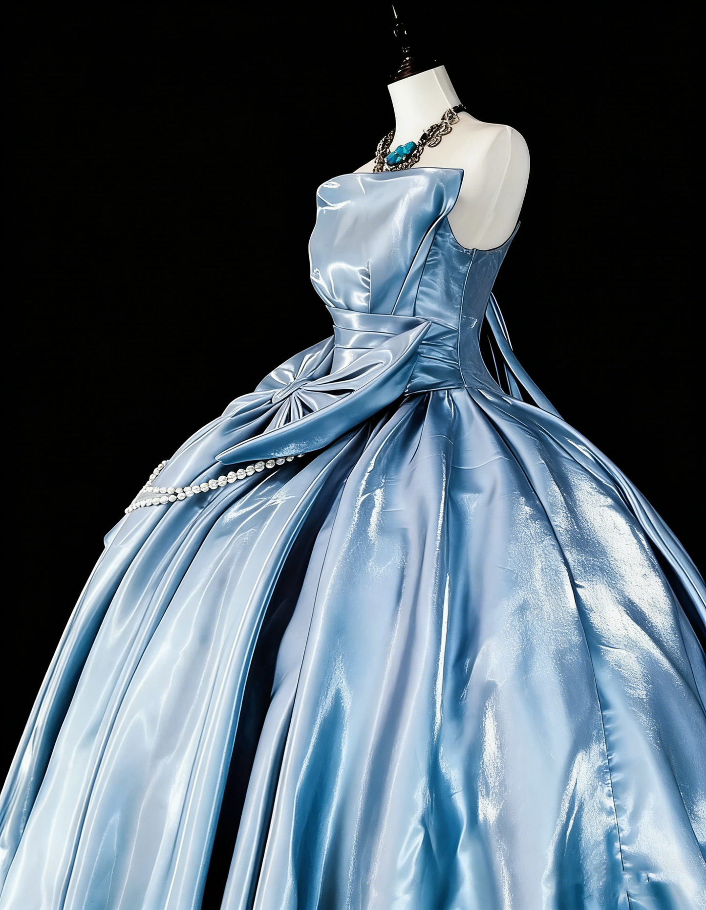 Robe de Bal Princesse Bustier Satin Bleu Ciel Clair avec Nœud Robes Douces 16 Ans Robe de Quinceanera N3417