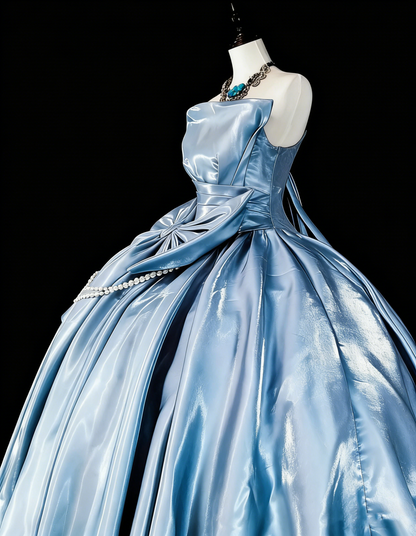 Robe de Bal Princesse Bustier Satin Bleu Ciel Clair avec Nœud Robes Douces 16 Ans Robe de Quinceanera N3417