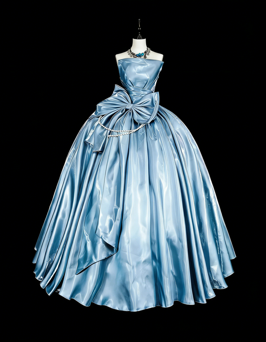 Prinzessin Ballkleid Trägerlos Hellblau Satin Mit Schleife Sweet 16 Kleider Quinceañera Kleid N3417