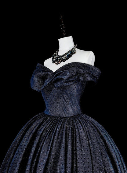 Robe de bal vintage années 1780, épaules dénudées, tulle bleu marine à manches longues, N1608