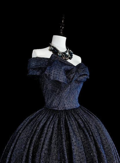 Robe de bal vintage années 1780, épaules dénudées, tulle bleu marine à manches longues, N1608