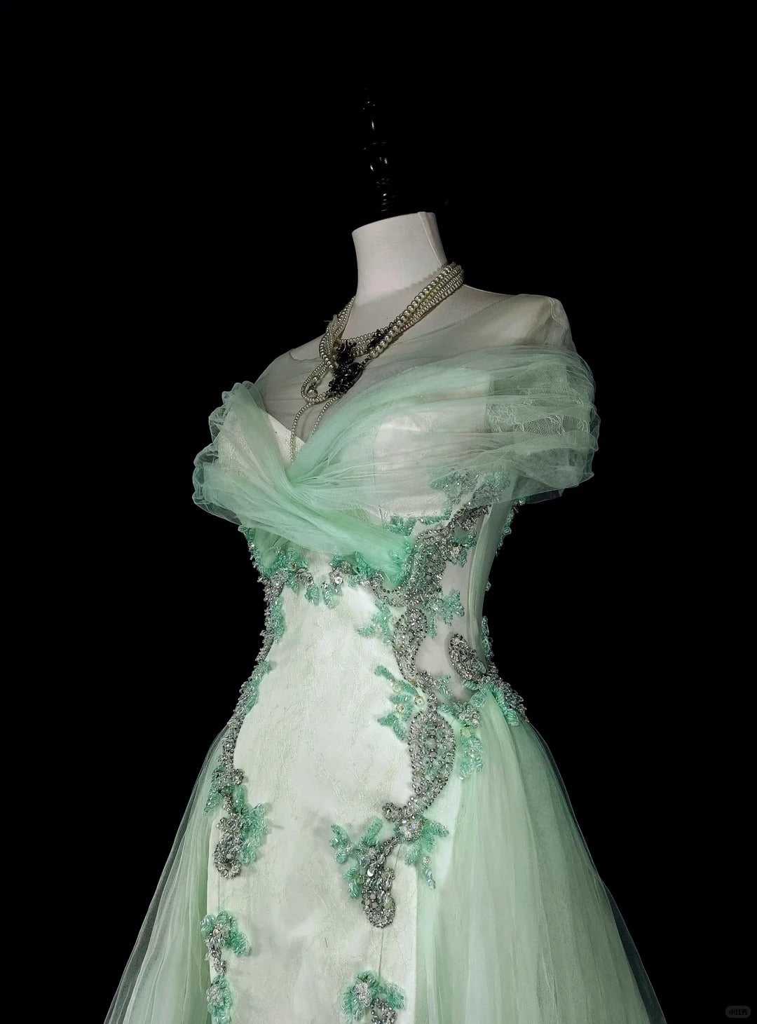 Robes de bal de rêve Vintage Années 80 Rétro Épaules dénudées Tulle Vert Menthe Dentelle Longues Tenues Formelles N2365