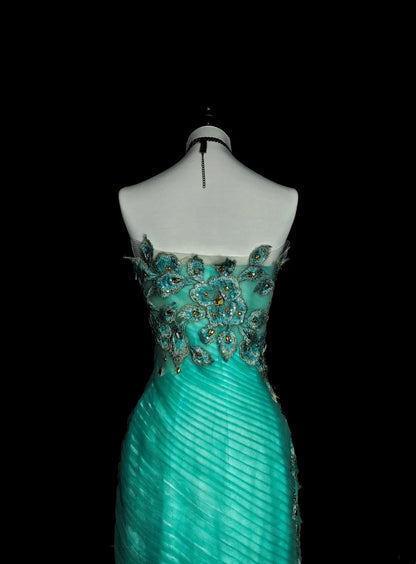Robes de bal vintage Esthétique sirène Col en cœur Tulle vert avec appliques Robe de soirée longue N2160