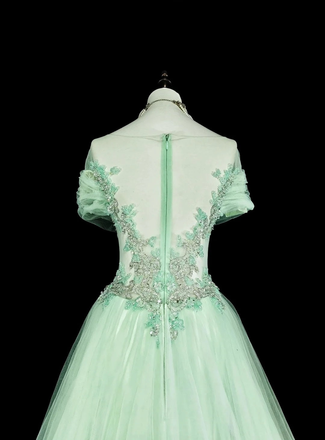 Robes de bal de rêve Vintage Années 80 Rétro Épaules dénudées Tulle Vert Menthe Dentelle Longues Tenues Formelles N2365