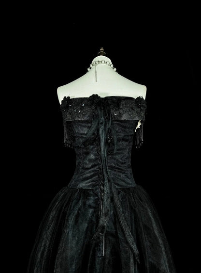 Robe de bal vintage esthétique pour le bal des années 70 Robe de soirée longue en tulle noir bustier N2152