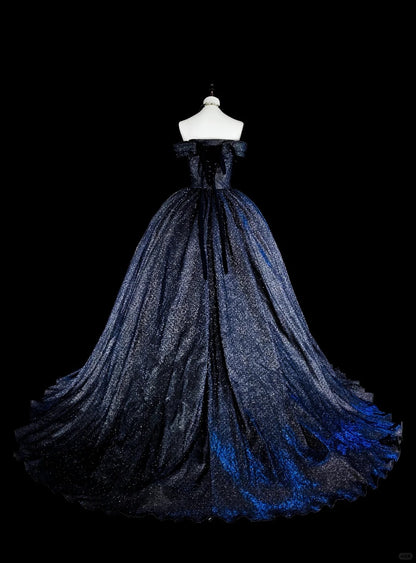 Robe de bal vintage années 1780, épaules dénudées, tulle bleu marine à manches longues, N1608
