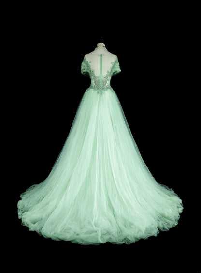 Robes de bal de rêve Vintage Années 80 Rétro Épaules dénudées Tulle Vert Menthe Dentelle Longues Tenues Formelles N2365