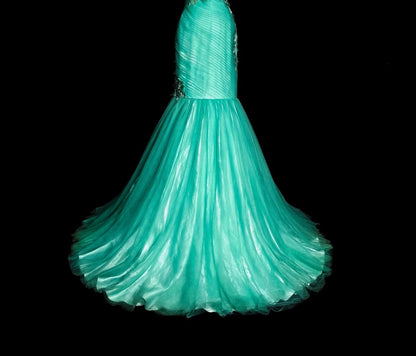 Robes de bal vintage Esthétique sirène Col en cœur Tulle vert avec appliques Robe de soirée longue N2160