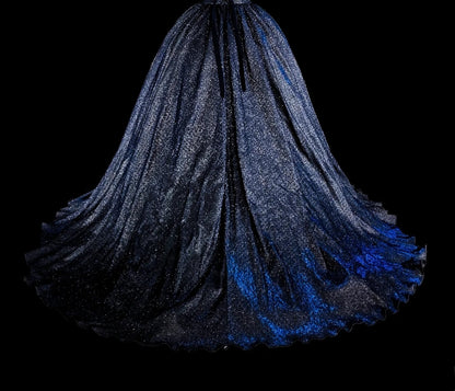 Robe de bal vintage années 1780, épaules dénudées, tulle bleu marine à manches longues, N1608