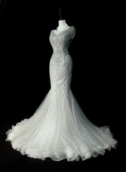 Robe de bal longue sirène vintage années 80, col en V, tulle argenté, sans manches plissées, N1472
