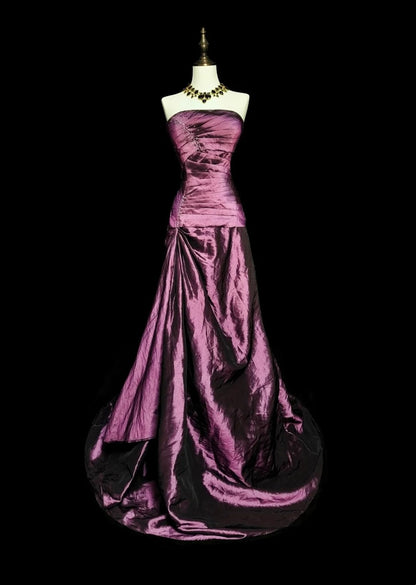 Robe de bal longue sirène vintage sans bretelles en taffetas violet, années 2000, plissée, N1360