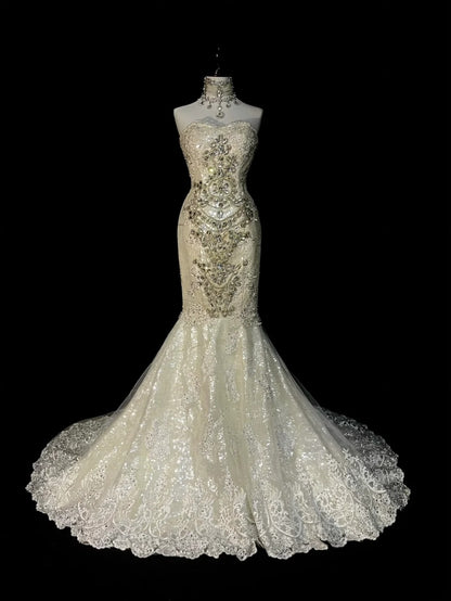 Robe de mariée vintage années 80, coupe sirène, bustier cœur, dentelle ivoire et tulle, longue, cintrée, N1470