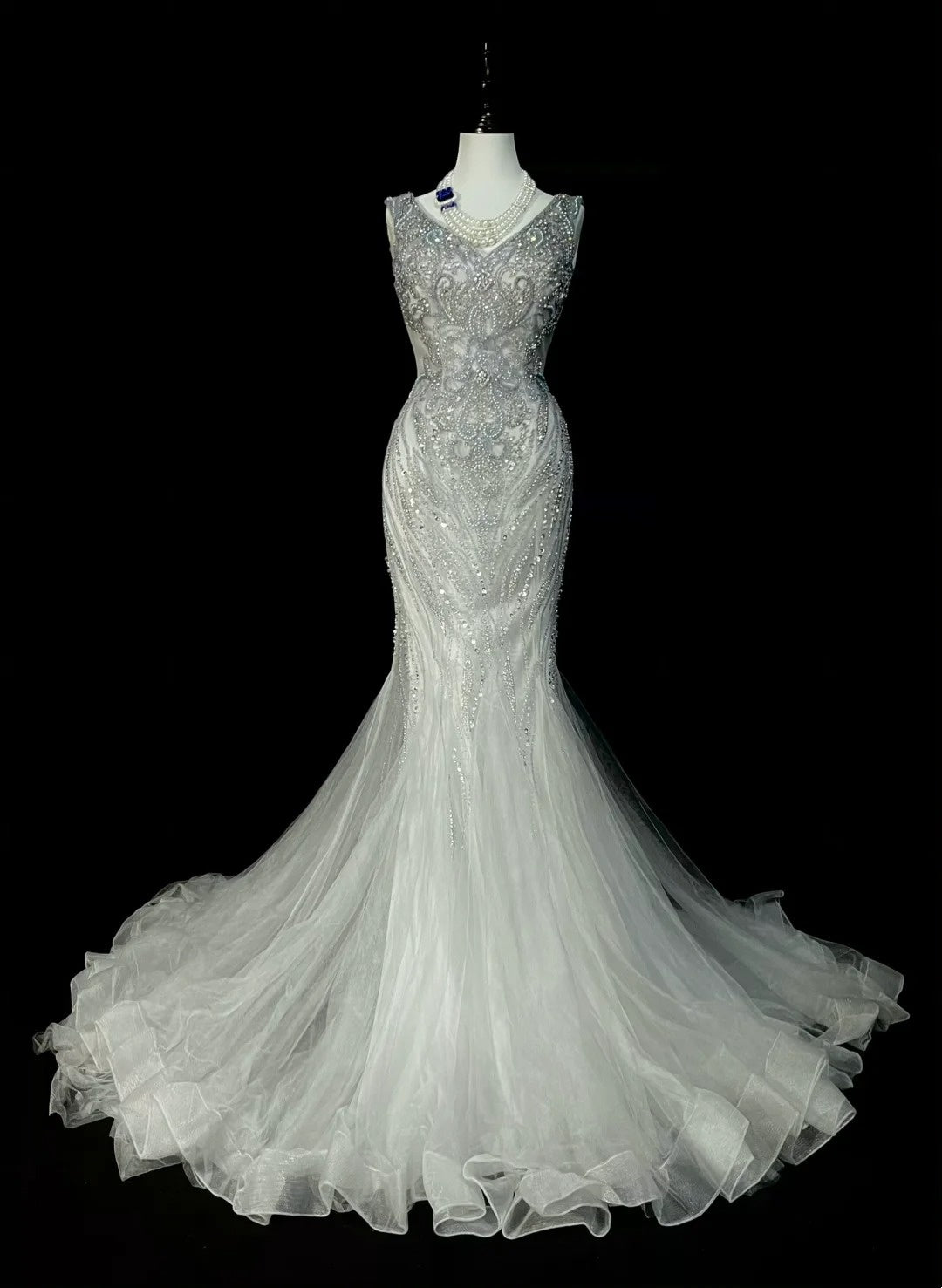 Robe de bal longue sirène vintage années 80, col en V, tulle argenté, sans manches plissées, N1472