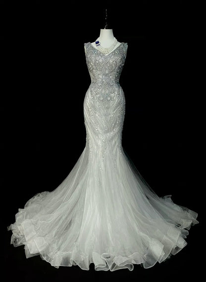 Robe de bal longue sirène vintage années 80, col en V, tulle argenté, sans manches plissées, N1472