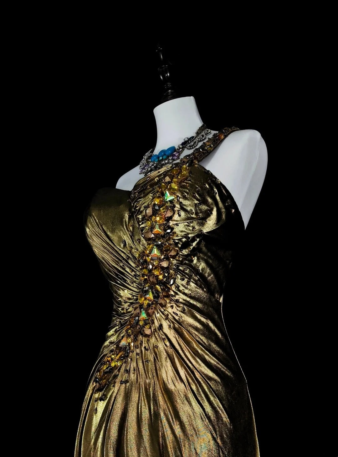 Vintage A Line One Shoulder Gold Pleated Sleeveless 80s Prom Dresses Long Formal Party Gown N1469