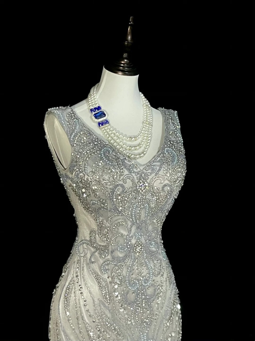 Robe de bal longue sirène vintage années 80, col en V, tulle argenté, sans manches plissées, N1472