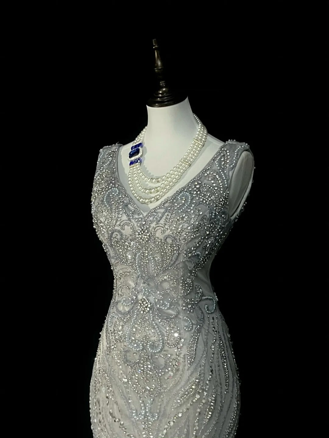 Robe de bal longue sirène vintage années 80, col en V, tulle argenté, sans manches plissées, N1472