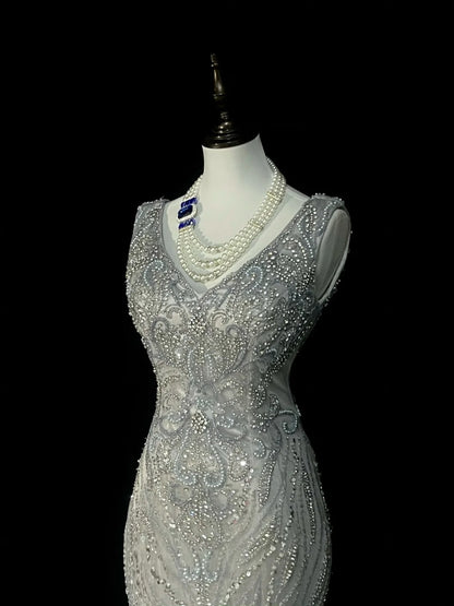 Robe de bal longue sirène vintage années 80, col en V, tulle argenté, sans manches plissées, N1472