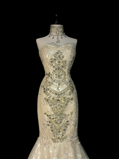 Robe de mariée vintage années 80, coupe sirène, bustier cœur, dentelle ivoire et tulle, longue, cintrée, N1470