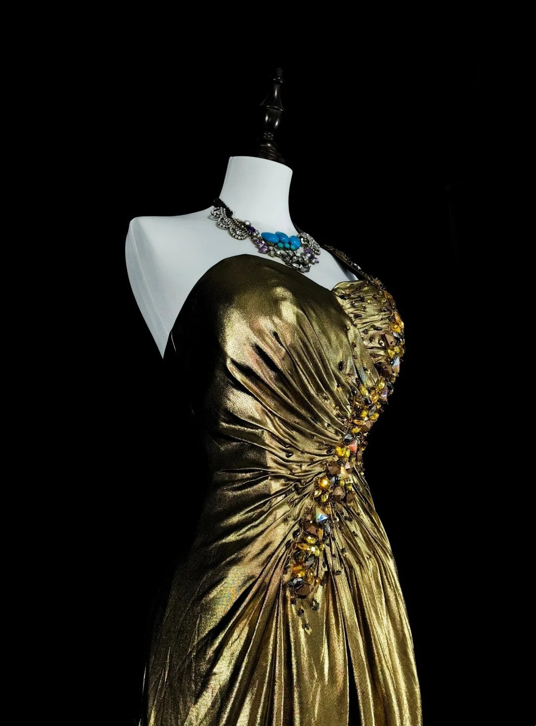 Vintage A Line One Shoulder Gold Pleated Sleeveless 80s Prom Dresses Long Formal Party Gown N1469