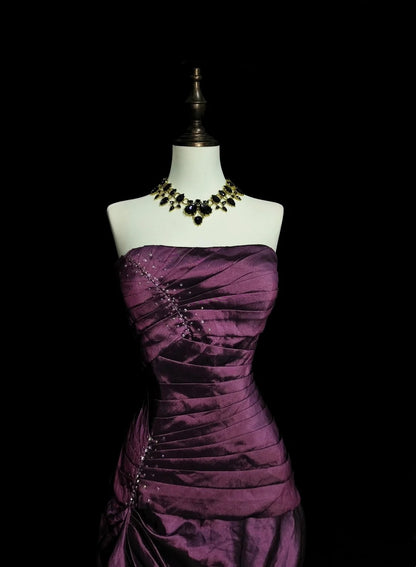 Robe de bal longue sirène vintage sans bretelles en taffetas violet, années 2000, plissée, N1360