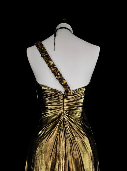 Vintage A Line One Shoulder Gold Pleated Sleeveless 80s Prom Dresses Long Formal Party Gown N1469