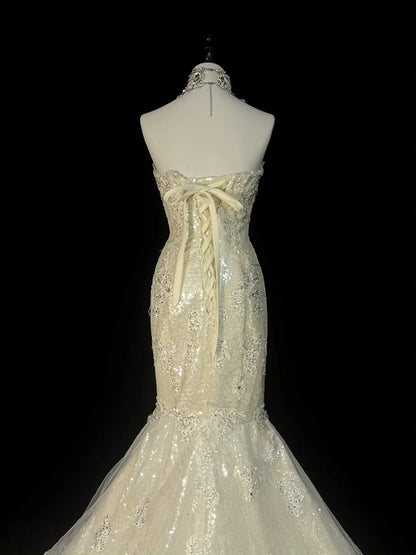 Robe de mariée vintage années 80, coupe sirène, bustier cœur, dentelle ivoire et tulle, longue, cintrée, N1470