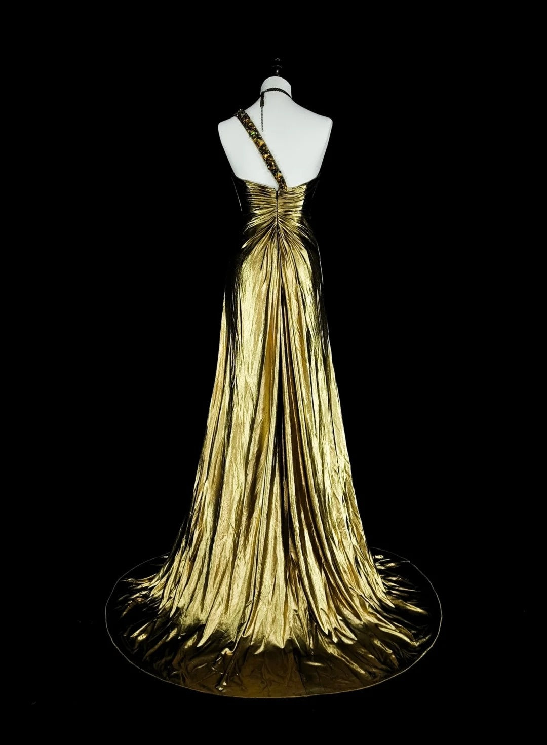 Vintage A Line One Shoulder Gold Pleated Sleeveless 80s Prom Dresses Long Formal Party Gown N1469