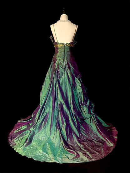 Robe de bal longue sirène vintage à fines bretelles couleur raisin, sans manches et plissée, style années 80, référence N1471