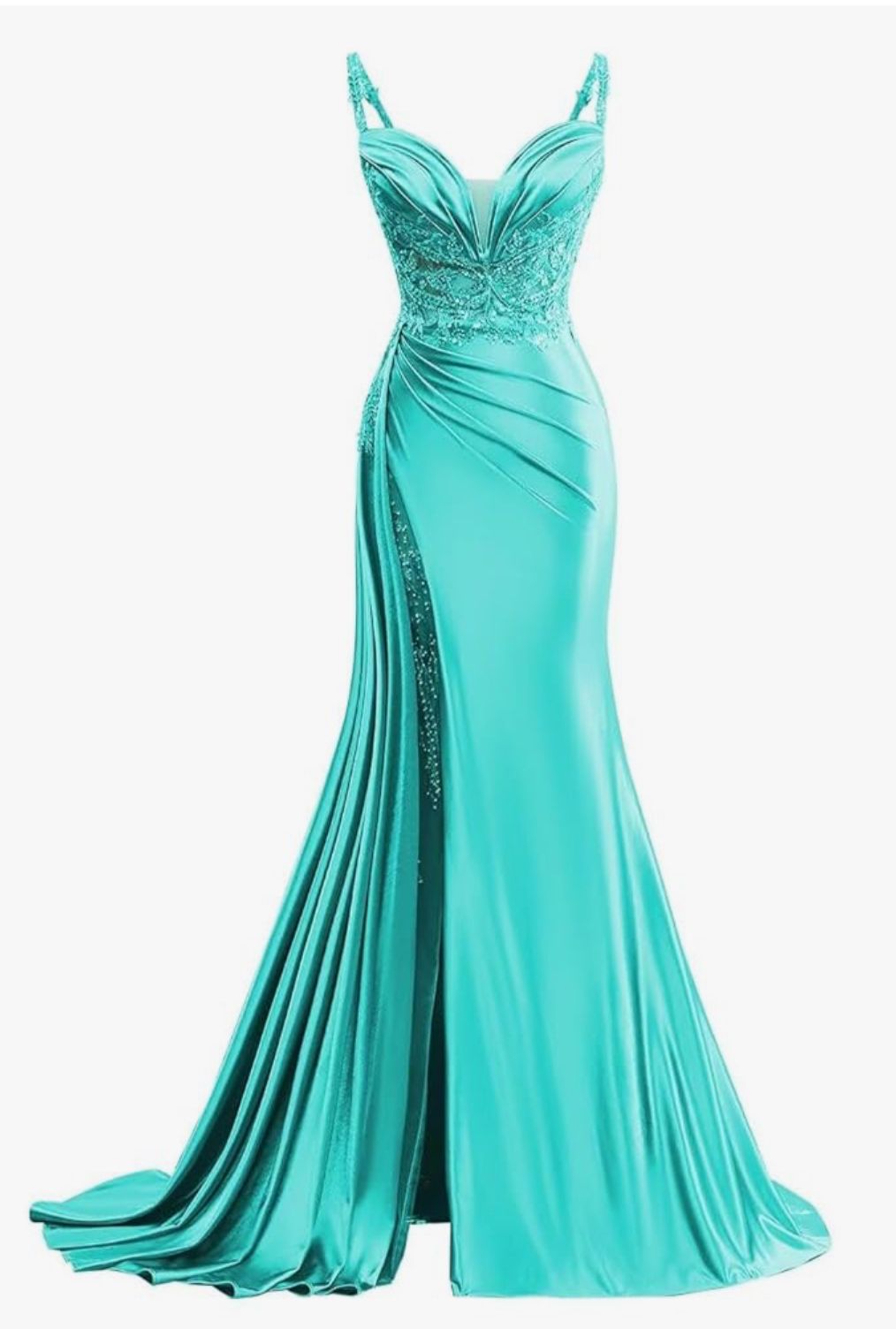 Robe de soirée sirène sexy bleue à fines bretelles et fente, idéale pour les fêtes, les bals de fin d'année et les 21 ans (AB1316)