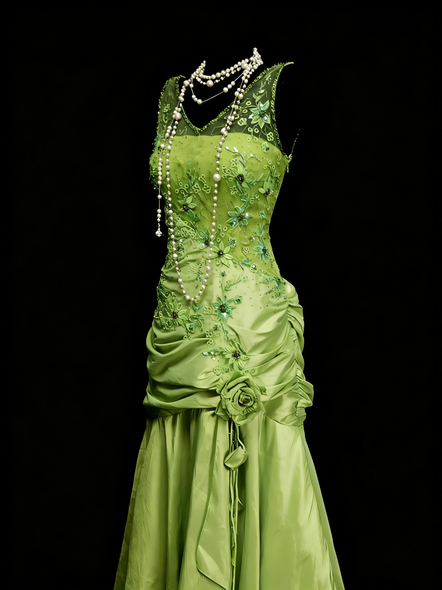 Vintage Meerjungfrauen-Abendkleid aus den 90er Jahren mit V-Ausschnitt, smaragdgrünem Satin und Perlenstickerei, langes formelles Abendkleid N1385