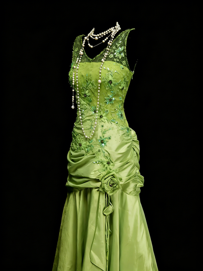 Vintage Meerjungfrauen-Abendkleid aus den 90er Jahren mit V-Ausschnitt, smaragdgrünem Satin und Perlenstickerei, langes formelles Abendkleid N1385