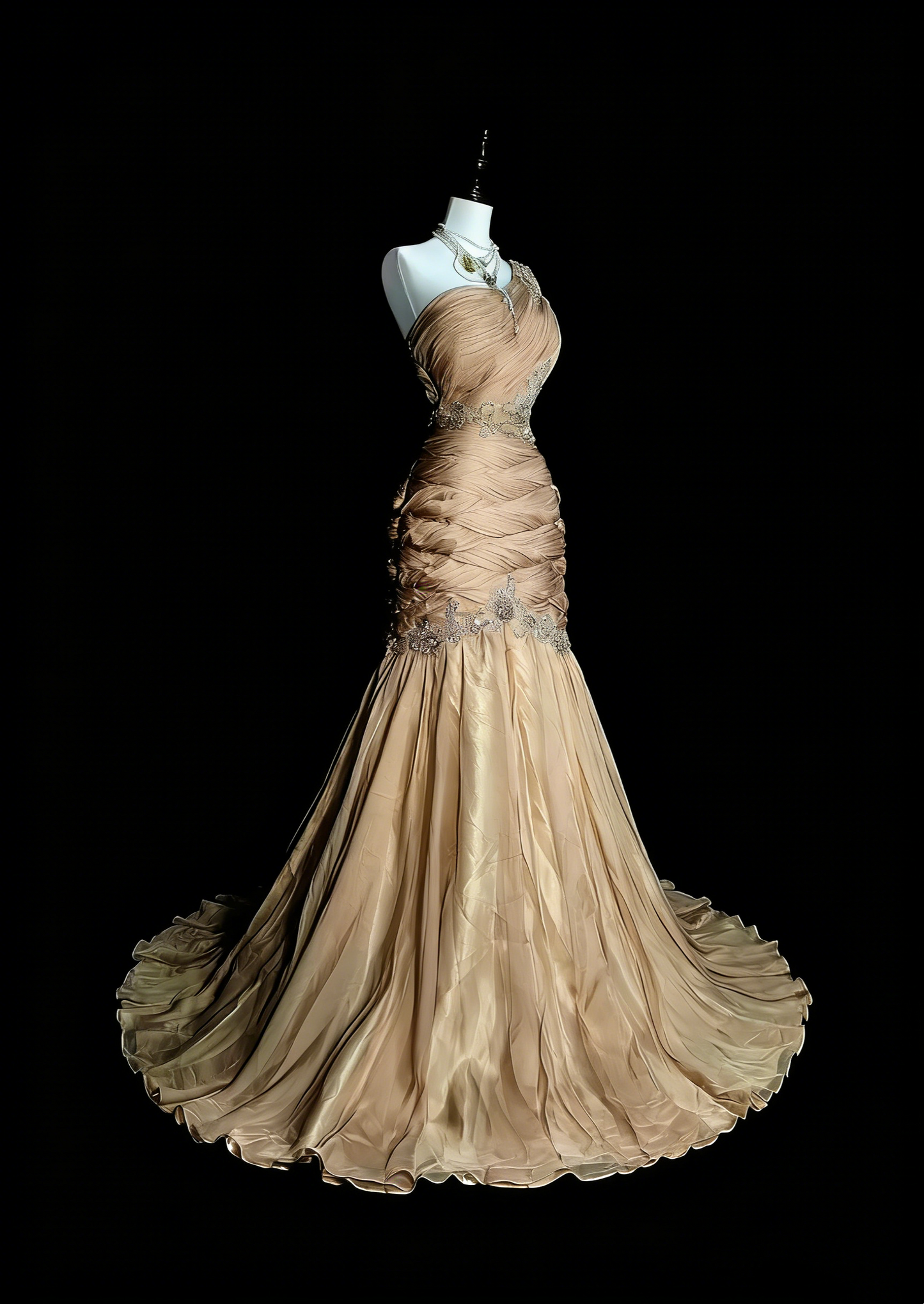 Vintage Meerjungfrauen-Abendkleid, schulterfrei, champagnerfarbener Tüll, plissiert, ärmellos, 80er-Jahre-Stil, langes formelles Partykleid N1474
