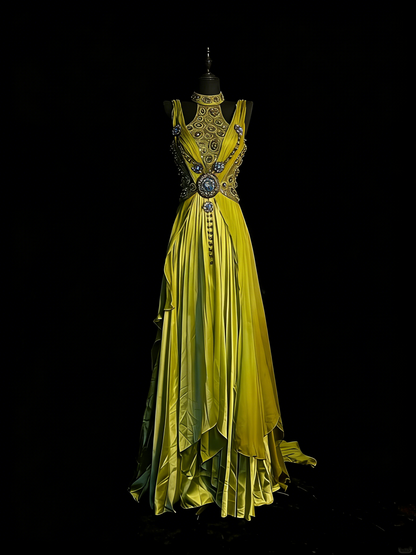 Robe de bal longue en satin vert, coupe trapèze, col montant et corsage orné de perles, idéale pour les jeunes filles (N1192).