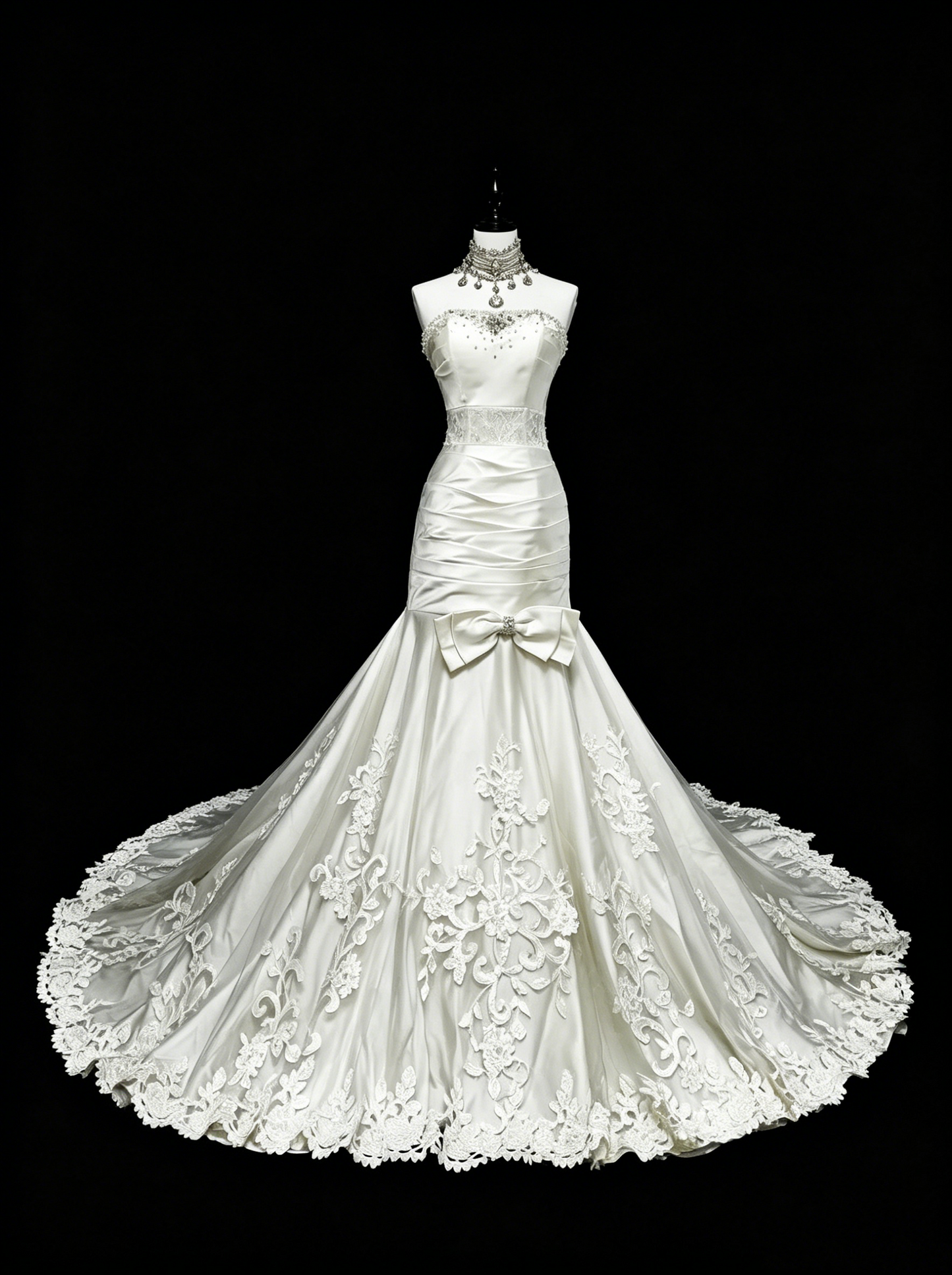 Einzigartige Hochzeitskleider Meerjungfrau Trägerlos Spitze Ärmellos Weiß Lange Brautkleid N3512