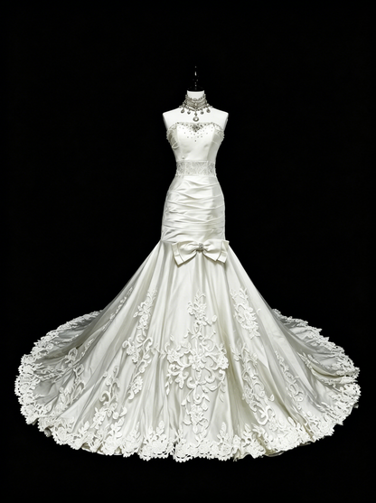 Einzigartige Hochzeitskleider Meerjungfrau Trägerlos Spitze Ärmellos Weiß Lange Brautkleid N3512