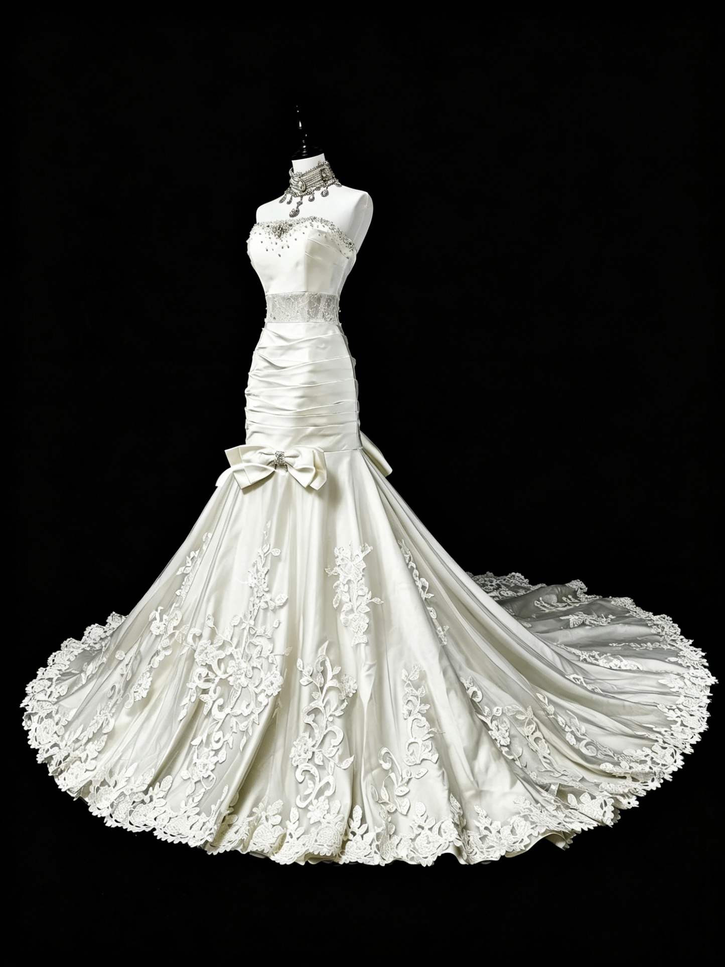 Einzigartige Hochzeitskleider Meerjungfrau Trägerlos Spitze Ärmellos Weiß Lange Brautkleid N3512
