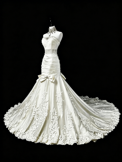 Einzigartige Hochzeitskleider Meerjungfrau Trägerlos Spitze Ärmellos Weiß Lange Brautkleid N3512
