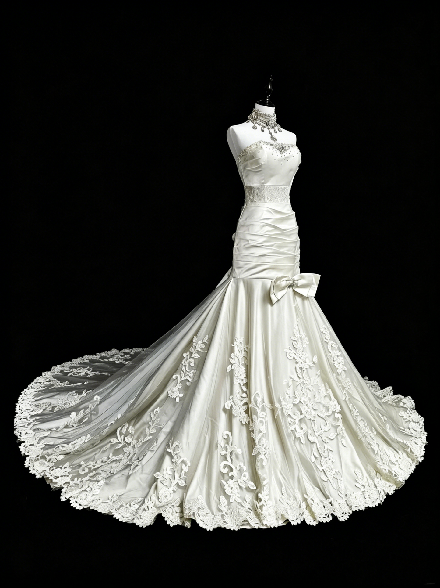 Einzigartige Hochzeitskleider Meerjungfrau Trägerlos Spitze Ärmellos Weiß Lange Brautkleid N3512