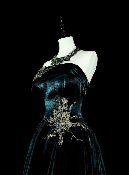Robe de bal longue vintage années 70, coupe trapèze, bustier, en velours vert foncé avec appliques dorées, référence N1845