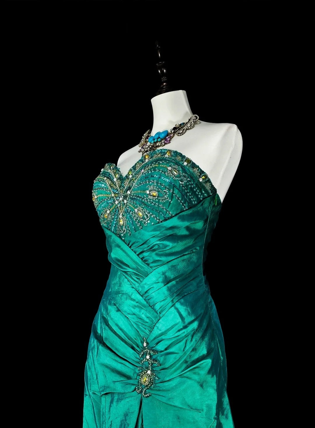 Robe de bal longue vintage sirène vert foncé années 70 avec perles plissées, taille haute, N1839