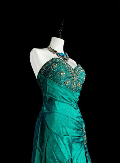 Robe de bal longue vintage sirène vert foncé années 70 avec perles plissées, taille haute, N1839