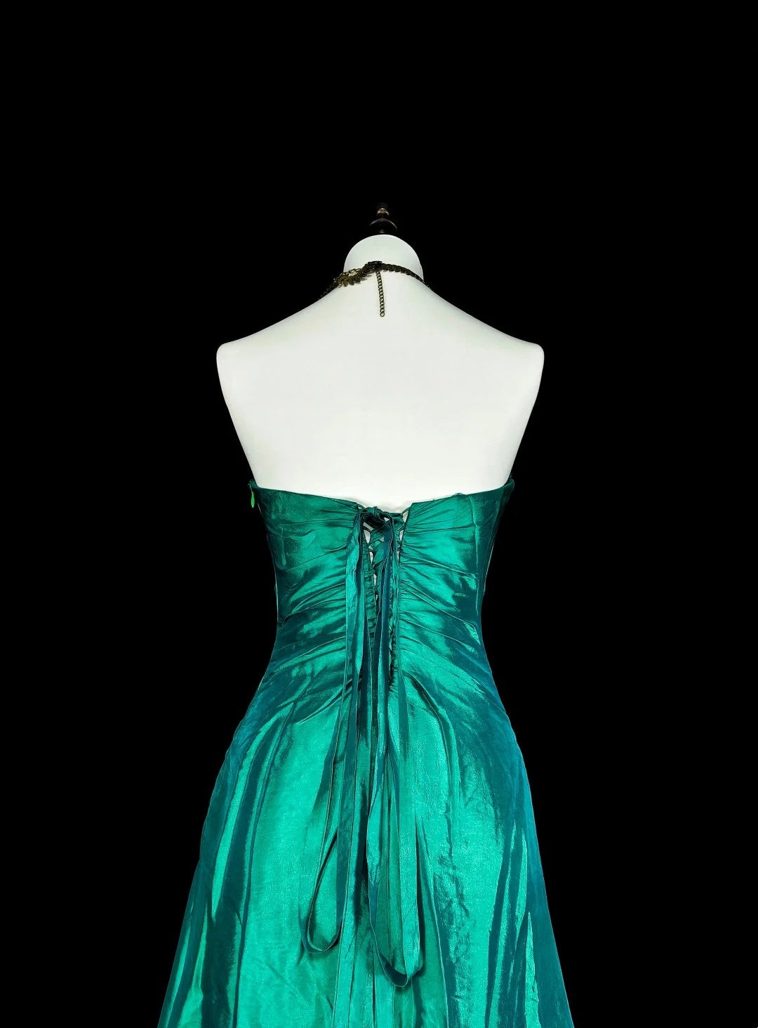 Robe de bal longue vintage sirène vert foncé années 70 avec perles plissées, taille haute, N1839