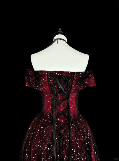 Robes de Bal Rêveuses Vintage Années 90 Rétro Épaules Dénudées Coupe Évasée Bordeaux Noir Longues Tenues de Soirée N2374