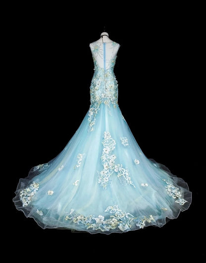 Vintage Prom Dresses Aesthetic Mermaid Light Sky Blue Tulle Lace Classic Inspo Party Dress N2002